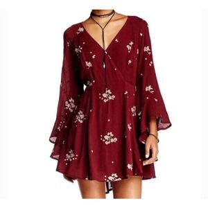 Free People Jasmine Embroidered Kimono Dress red floral size 4 small boho